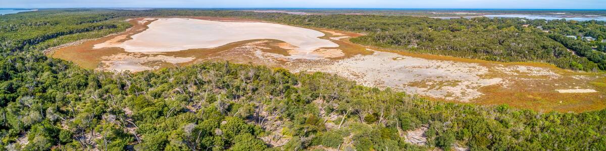Aerial panorama of The Lakes National Park in Gippsland, Australia