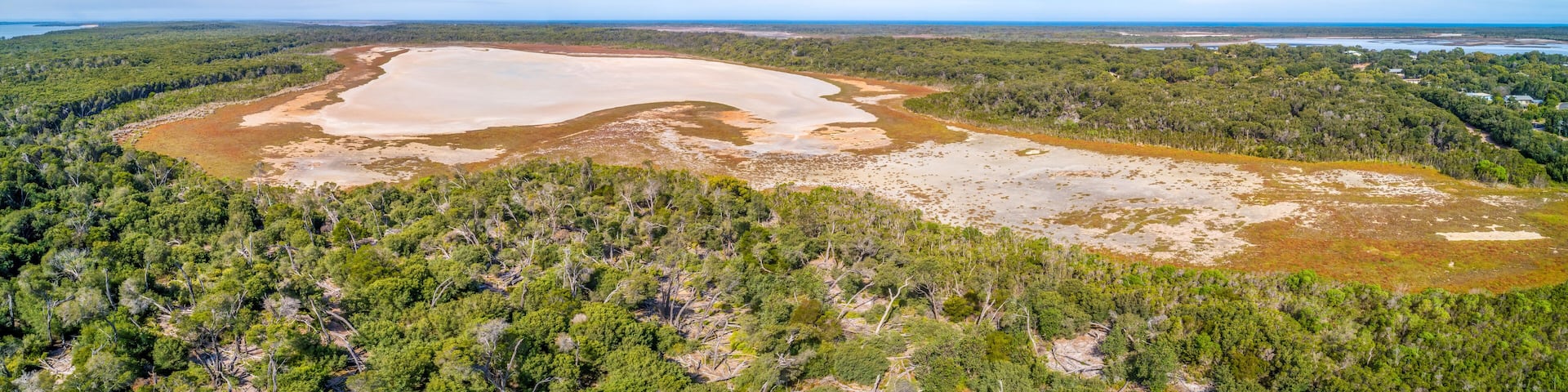 Aerial panorama of The Lakes National Park in Gippsland, Australia