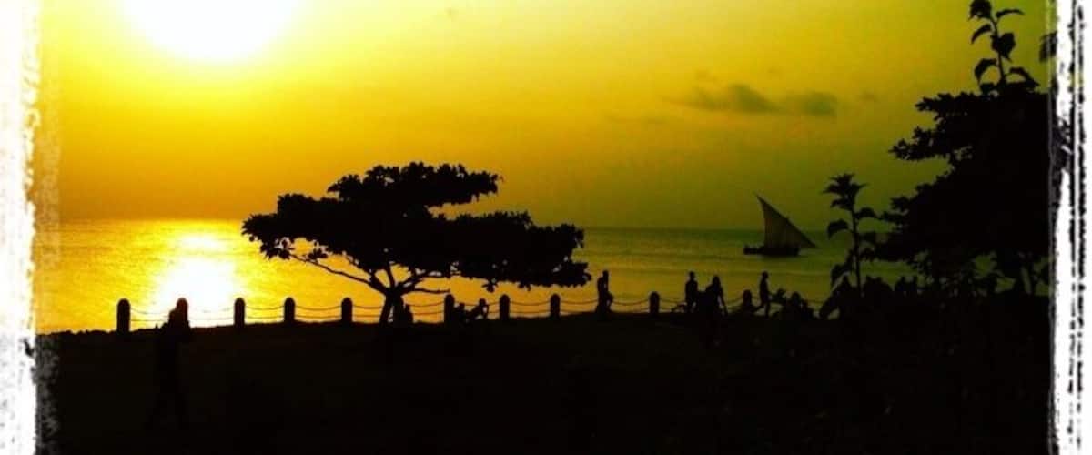 A sunset over a beach with silhouettes of trees and a sailboat.