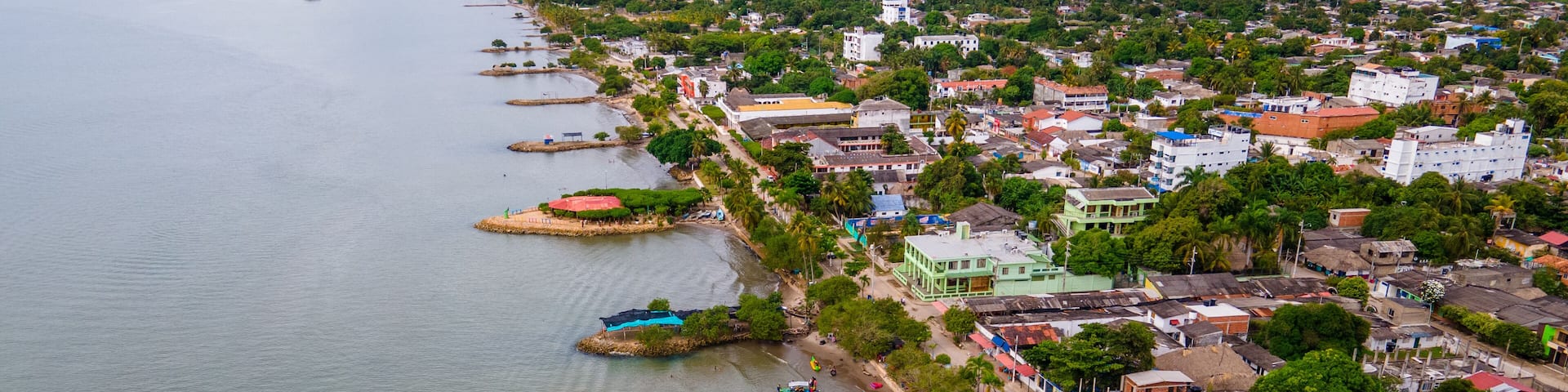 Aerial View of San Bernardo Archipelago in Sucre, Colombia: Scenic Waterfront and Vibrant Community