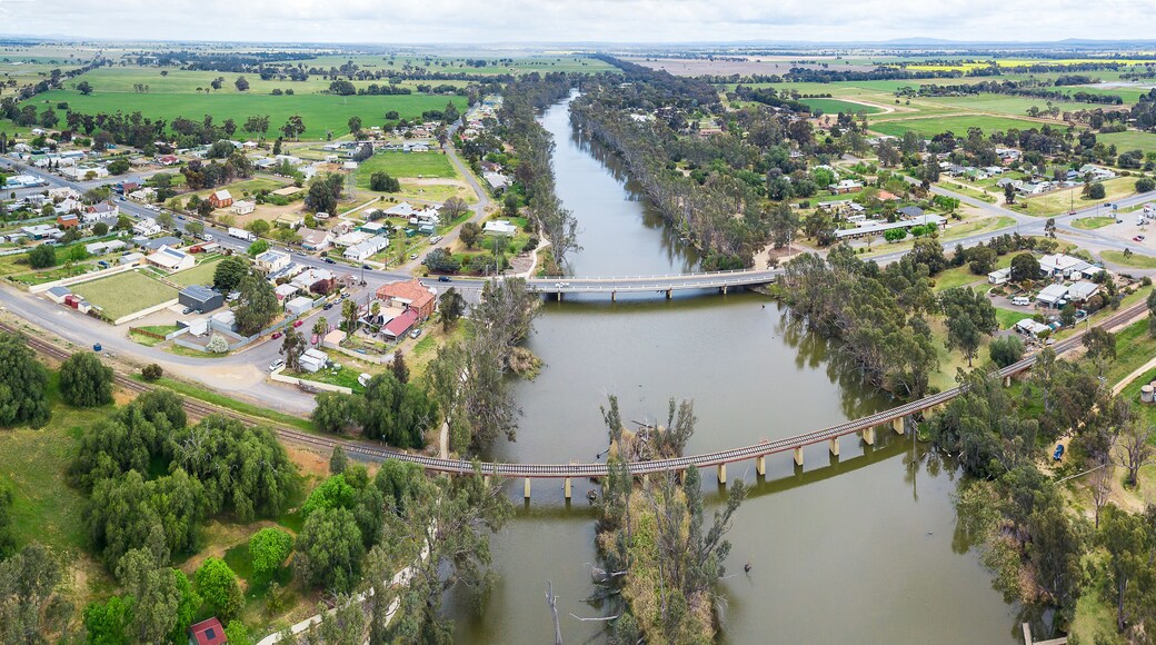 Aerial view of two bridges crossing a tree lined river dividing a country town