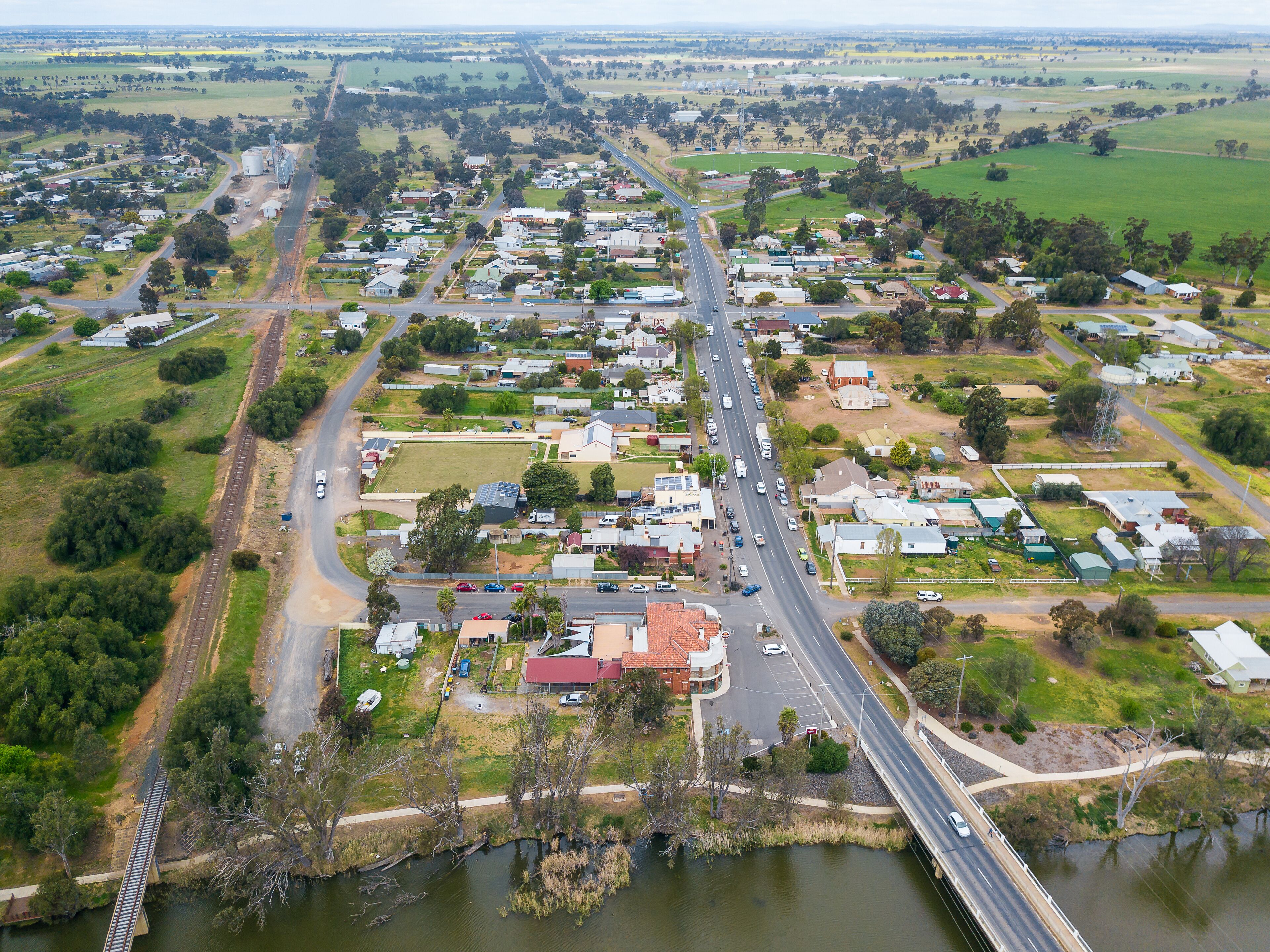Aerial view over the Loddon River and town of Bridgewater