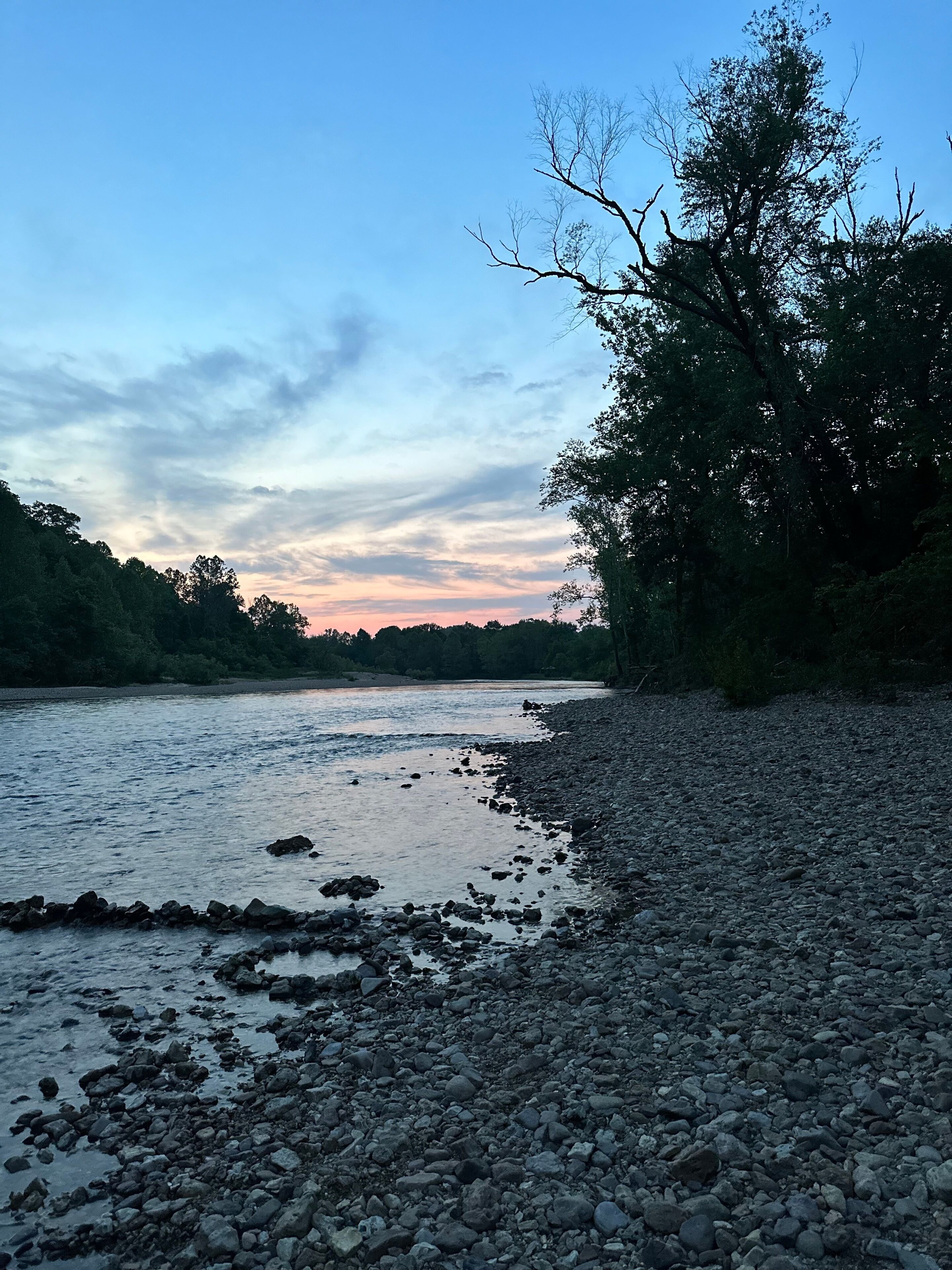 A riverbank with pebbles and trees at sunset.