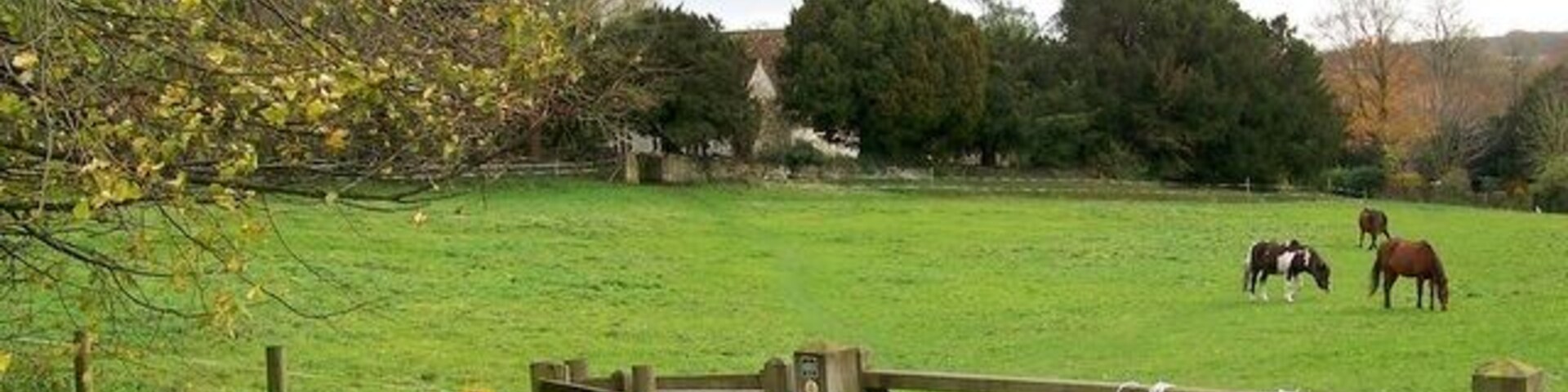Footpath, Chilmark The kissing gate, opposite the Black Dog public house takes walker across a small field to the Church of St Margaret of Antioch.