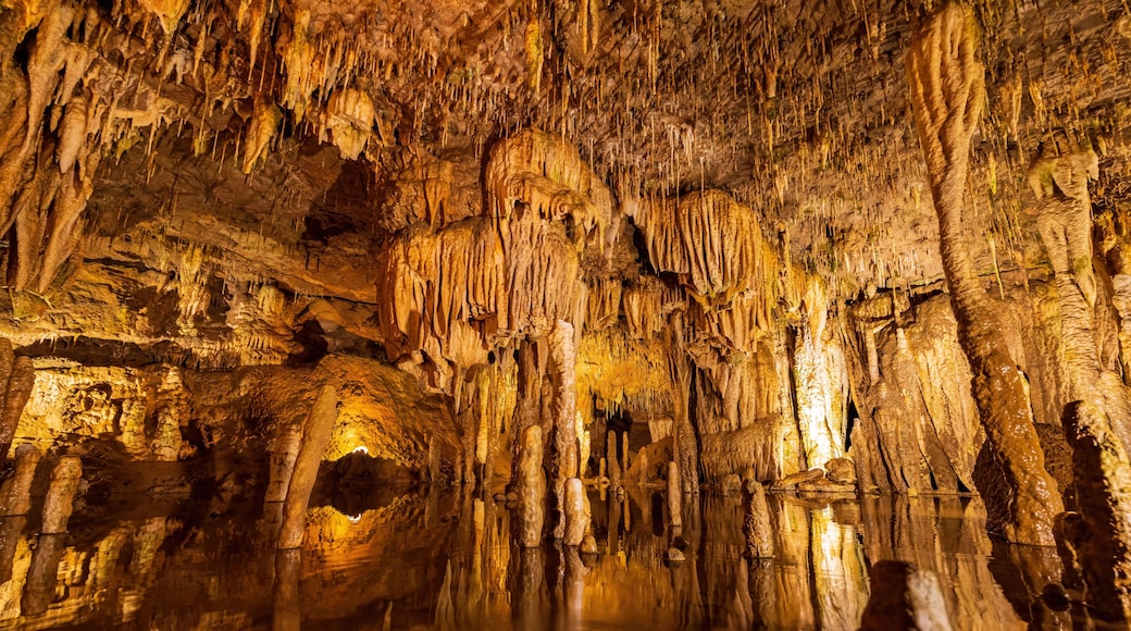 Une grotte ornĂ©e de stalactites et de stalagmites, oĂč lâon peut admirer les reflets de lâeau et observer lâouverture de la grotte.