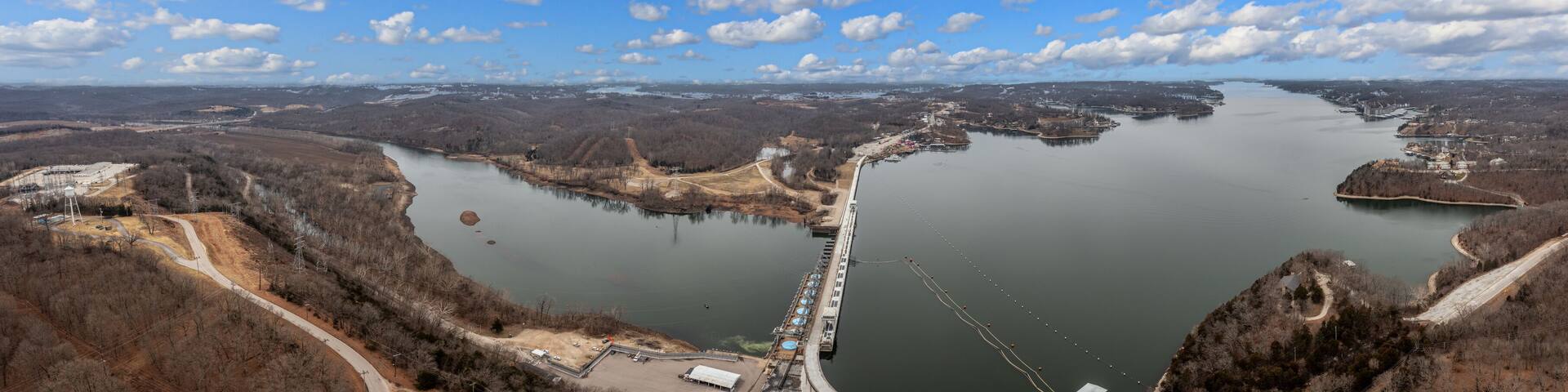 Drone panorama of lake Ozark in the American state of Missouri with dam during the day