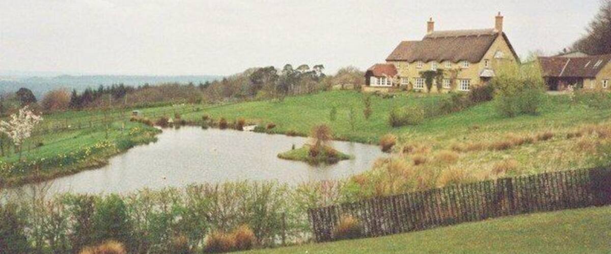 A pond surrounded by a grassy field, a house with a thatched roof, and a fence.