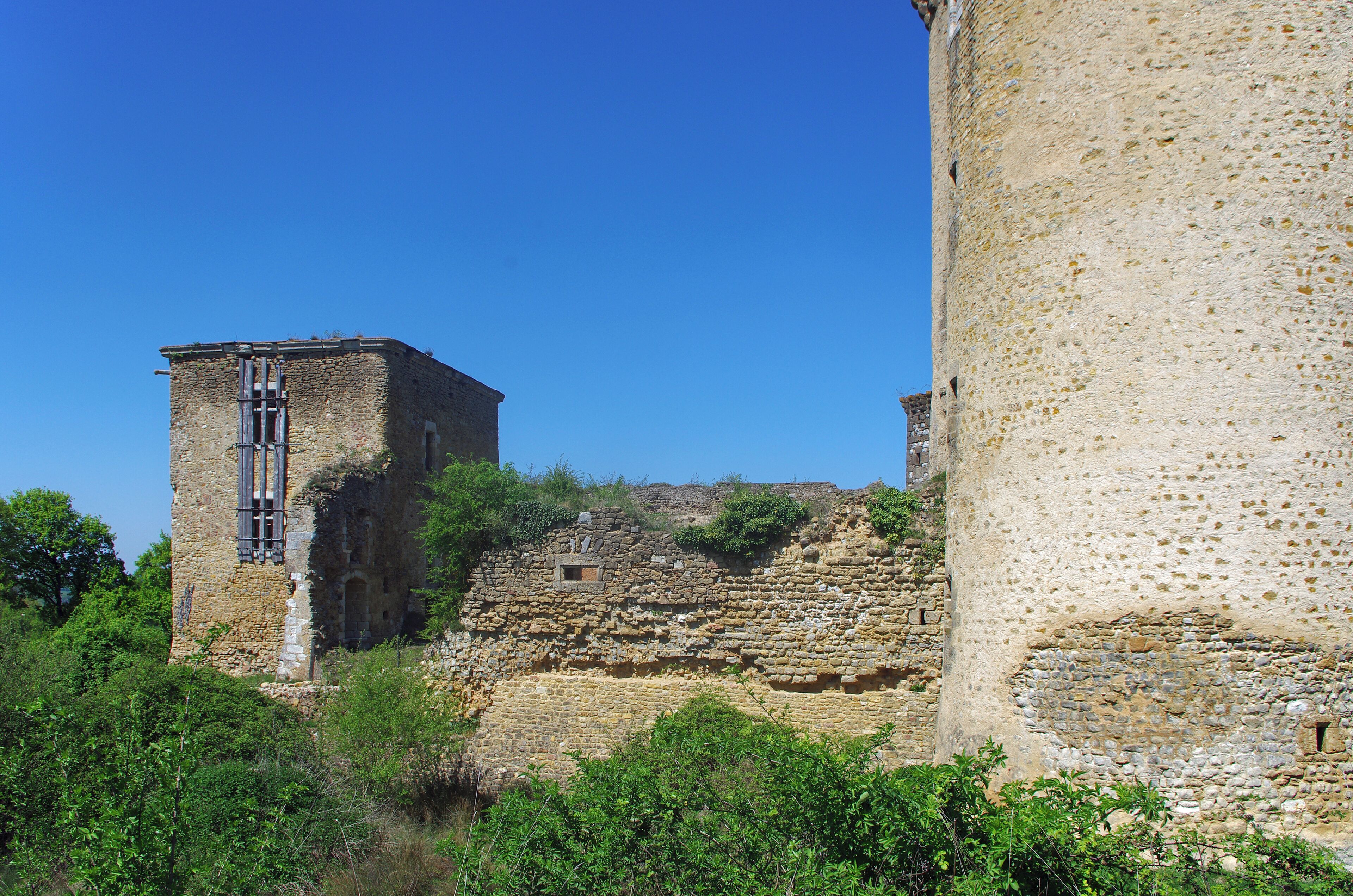 Ceaulmont (Indre). Parfois la commune est appelée Ceaulmont-les-Granges. Château de la Prune-au-Pot . Ce château féodal du XIIème - XIIIème siècle doit son nom à la famille Pot* qui en fut propriétaire jusqu’en 1484. Sans réelle vocation militaire, son rôle fut d’avantage d’être le centre d’exploitation du patrimoine foncier environnant. La forteresse de la Prune est située à flanc d’un coteau en pente douce, sans intérêt stratégique particulier. La Prune est construite sur la rive gauche de la Creuse, en vis-à-vis des domaines appartenant à la large mouvance des seigneurs de Déols. Ce château pourrait avoir des origines plus aquitaines que berrichonnes. La Prune-au-Pot se présente sous l’aspect d’un beau château fort ruiné organisé sur un plan quadrangulaire. Trois des quatre tours initiales sont encore visibles. L'ensemble de la fortification forme une cour carrée close d'un mur couronné de mâchicoulis. Il enserre une tour carrée et deux tours rondes. La poterne est percée d'une grande porte ogivale et d'une petite carrée, chacune ayant son pont-levis. La plus grosse des tours est l'ancien donjon, avec escalier desservant tous les étages. En entrant se trouve une cave voûtée avec fontaine. Au premier, la salle hexagonale comporte des latrines. La tour rectangulaire, dite tour Colin, comporte un escalier logé dans une tourelle accolée semi-hexagonale. Entre la tour de la Fontaine et la tour Colin, la maison du métayer est moderne. Ce château rural des XIIe et XIIIe siècles, conserve des cheminées monumentales, des escaliers en vis et des gargouilles sculptées. Les fossés humides se remplissaient par ruissellement et par porosité de la nappe phréatique. On note un intéressant système d’accès par pont-levis reposant sur des piliers encore visibles. Une fontaine située dans la cave de la plus grande tour fournissait aux occupants une eau toujours abondante. La Tour de la Fontaine tient son nom de la source qu’elle abrite. Une légende raconte qu’autrefois les jeunes filles du village demandaient au seigneur l’autorisation de venir s’y mirer afin d’y découvrir le visage de leur promis dans les reflets de l’eau… L’histoire ancienne du site est sujette à conjectures. Si la tranche chronologique couvrant une période allant de la Guerre de 100 ans à l’ancien régime est bien renseignée grâce à une documentation suffisante, la période féodale est moins bavarde. Cette seigneurie est passée dans la famille Pot, en 1292. Plusieurs générations vont alors se succéder comme seigneurs de la Prune. En 1484, c'est la famille de Montmorency qui en devient propriétaire, par le mariage d'Anne Pot avec Guillaume de Montmorency. En 1589, le château accueille Henri IV, venu assiéger la cité d'Argenton. Le Grand Sully va ensuite l'acquérir, puis Henri de Bourbon, prince de Condé, qui rachète tout le Bas-Berry pour en faire le duché-pairie de Châteauroux, vendu en 1736 à Louis XV. En 1756, c'est la famille Gentil de Villarnoux qui en devient propriétaire. Cet édifice aurait accueilli Henri IV pendant trois jours durant les guerres de religions et le siège d’Argenton en 1589. La terre fut sequestrée après la Révolution. Le château semblait encore en bon état du temps de George Sand : "On a fait un nouveau pont [sur la Creuse], qui sera emporté comme celui que nous passions autrefois pour aller à la Prune-au-Pot, un vieux manoir qui a eu l'honneur d'héberger Henri IV, et qui est très bien conservé?" (Promenades autour d'un village: suivies de, Le Berry - Par George Sand -pp 65 - 66) La Prune-au-Pot est une propriété privée. Le propriétaire a accepté qu’un chemin de visite soit aménagé autour de son bien, pour faciliter l’accès du public. Cette bonne volonté n’est pas la règle, soyez donc vigilants à ne pas passer les clôtures. L'actuel propriétaire, M. Claude Aguttes, commissaire-priseur à Paris, l'a acquis voici quelques années dans un piteux état. M. Claude Aguttes,après avoir restauré le château de Tournoël (Puy-de-Dôme), veut sauver et mettre en valeur La Prune-au-Pot. La Famille Pot serait originaire du Limousin, on trouve un Guillaume 1er Pot (+ après 1220) seigneur de Champroy¤. Raoul 1er Pot (+ après 1298) fut seigneur de La Prugne-au-Pot. Il épousa (~1290/92) Radegonde de La Failhe (fille de Guillaume, seigneur de La Prugne et Piégut, et de Limosine de Breuil. Guillaume II Pot (+1390) chevalier, fut seigneur de La Prugne. Il épousa en premières noces (~1330/35) Blanche de La Trémoïlle, fille de Gui IV et d’Alix de Vouhet. En secondes noces (~1340/45) Marguerite de Magnac, fille d’Eudes ou Odon, seigneur de L’Age-Bernard-de-Fer (Montchevrier, 36), et de Séguine de Cluys, dame de Charon (Maillet, 36). La branche bourguignonne, dite branche de la Prugne, servit les ducs de Bourgogne du milieu du 15e siècle jusqu'à la mort du dernier duc Charles le Téméraire en 1477, puis passa au service de Louis XI. Anne Pot, dernière représentante de la branche de la Prugne, épousa Guillaume de Montmorency : "Hault et puissant seigneur Guillaume sire de Montmorancy, grand baron de France, et damoiselle Anne Pot, sa femme, à cause d’elle, tiennent en fief du seigneur de Gargilesse et en arrière fief du Roy, la terre et seigneurie de la Preugne au Pot qui est la place fort à cause duquel lieu de la Preulle au Pot ilz ont 4 membres deppendans d’icelle, seront tenuz en fiefs de la dame de Chauvigny à cause des terres et seigneuries de la chastellenie de Sainct Chartier, et des seigneurs des terres et seigneuries de la Charost Saint Chartier et des terres et seigneuries de Thevé, Cluys Dessus et Argenton, à cause duquel le lieu de la Preugne au Pot membres deppendant d’icelle, vers 1500 "(A.D. 18-C 815, fol. 369). ¤Champroy : Ancienne commune de la Creuse, la commune de Champroy a été supprimée par l'ordonnance du 14 mai 1837. Le bourg fut rattaché à la commune de Saint-Dizier-Leyrenne ainsi que le village des Jarges. Les trois autres villages de la commune de Champroy (Le Châtaignaud, Palotas et Peyrusse) furent quant à eux intégrés à la commune de Châtelus-le-Marcheix.