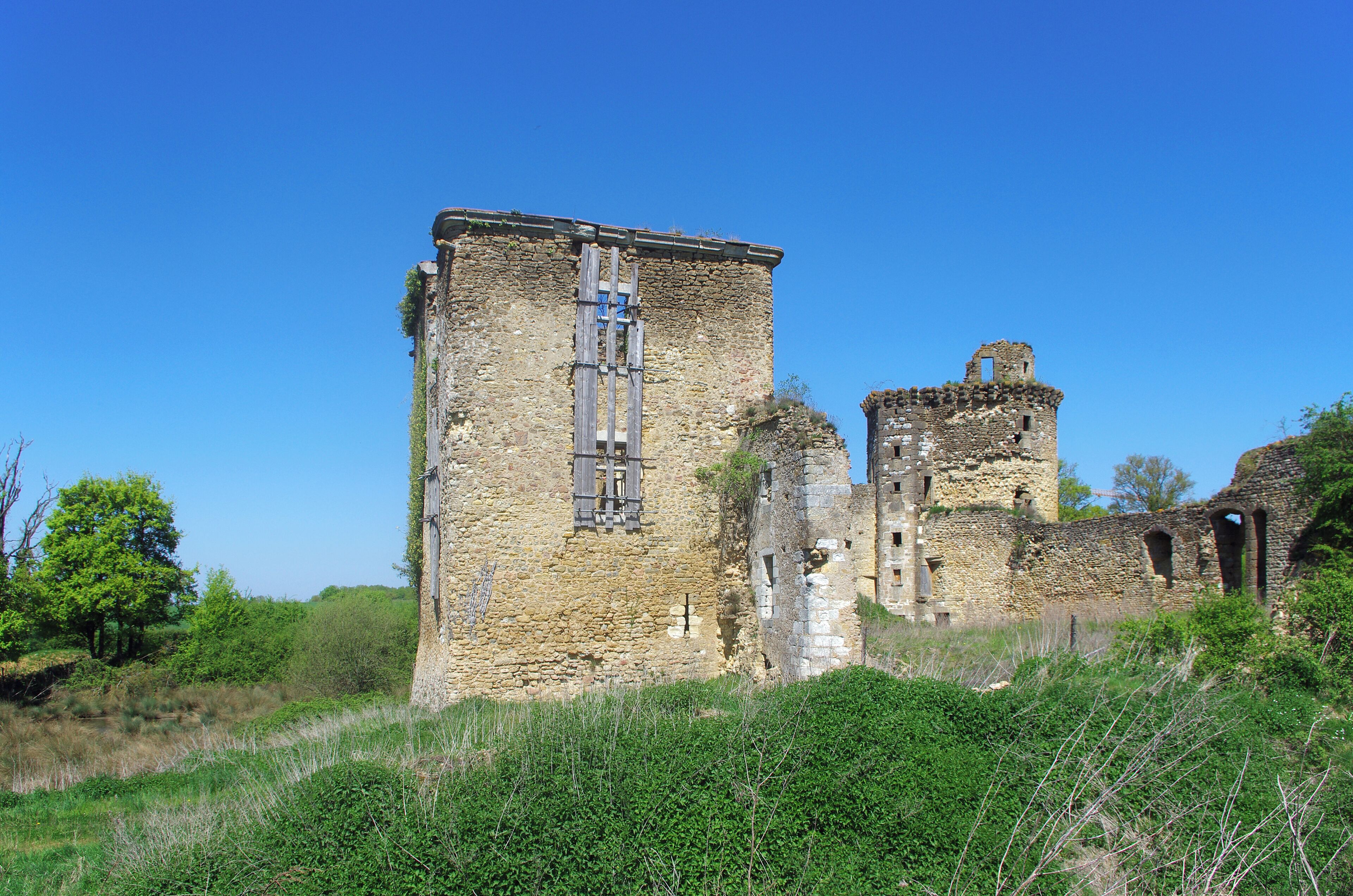 Ceaulmont (Indre). Parfois la commune est appelée Ceaulmont-les-Granges. Château de la Prune-au-Pot . Ce château féodal du XIIème - XIIIème siècle doit son nom à la famille Pot* qui en fut propriétaire jusqu’en 1484. Sans réelle vocation militaire, son rôle fut d’avantage d’être le centre d’exploitation du patrimoine foncier environnant. La forteresse de la Prune est située à flanc d’un coteau en pente douce, sans intérêt stratégique particulier. La Prune est construite sur la rive gauche de la Creuse, en vis-à-vis des domaines appartenant à la large mouvance des seigneurs de Déols. Ce château pourrait avoir des origines plus aquitaines que berrichonnes. La Prune-au-Pot se présente sous l’aspect d’un beau château fort ruiné organisé sur un plan quadrangulaire. Trois des quatre tours initiales sont encore visibles. L'ensemble de la fortification forme une cour carrée close d'un mur couronné de mâchicoulis. Il enserre une tour carrée et deux tours rondes. La poterne est percée d'une grande porte ogivale et d'une petite carrée, chacune ayant son pont-levis. La plus grosse des tours est l'ancien donjon, avec escalier desservant tous les étages. En entrant se trouve une cave voûtée avec fontaine. Au premier, la salle hexagonale comporte des latrines. La tour rectangulaire, dite tour Colin, comporte un escalier logé dans une tourelle accolée semi-hexagonale. Entre la tour de la Fontaine et la tour Colin, la maison du métayer est moderne. Ce château rural des XIIe et XIIIe siècles, conserve des cheminées monumentales, des escaliers en vis et des gargouilles sculptées. Les fossés humides se remplissaient par ruissellement et par porosité de la nappe phréatique. On note un intéressant système d’accès par pont-levis reposant sur des piliers encore visibles. Une fontaine située dans la cave de la plus grande tour fournissait aux occupants une eau toujours abondante. La Tour de la Fontaine tient son nom de la source qu’elle abrite. Une légende raconte qu’autrefois les jeunes filles du village demandaient au seigneur l’autorisation de venir s’y mirer afin d’y découvrir le visage de leur promis dans les reflets de l’eau… L’histoire ancienne du site est sujette à conjectures. Si la tranche chronologique couvrant une période allant de la Guerre de 100 ans à l’ancien régime est bien renseignée grâce à une documentation suffisante, la période féodale est moins bavarde. Cette seigneurie est passée dans la famille Pot, en 1292. Plusieurs générations vont alors se succéder comme seigneurs de la Prune. En 1484, c'est la famille de Montmorency qui en devient propriétaire, par le mariage d'Anne Pot avec Guillaume de Montmorency. En 1589, le château accueille Henri IV, venu assiéger la cité d'Argenton. Le Grand Sully va ensuite l'acquérir, puis Henri de Bourbon, prince de Condé, qui rachète tout le Bas-Berry pour en faire le duché-pairie de Châteauroux, vendu en 1736 à Louis XV. En 1756, c'est la famille Gentil de Villarnoux qui en devient propriétaire. Cet édifice aurait accueilli Henri IV pendant trois jours durant les guerres de religions et le siège d’Argenton en 1589. La terre fut sequestrée après la Révolution. Le château semblait encore en bon état du temps de George Sand : "On a fait un nouveau pont [sur la Creuse], qui sera emporté comme celui que nous passions autrefois pour aller à la Prune-au-Pot, un vieux manoir qui a eu l'honneur d'héberger Henri IV, et qui est très bien conservé?" (Promenades autour d'un village: suivies de, Le Berry - Par George Sand -pp 65 - 66) La Prune-au-Pot est une propriété privée. Le propriétaire a accepté qu’un chemin de visite soit aménagé autour de son bien, pour faciliter l’accès du public. Cette bonne volonté n’est pas la règle, soyez donc vigilants à ne pas passer les clôtures. L'actuel propriétaire, M. Claude Aguttes, commissaire-priseur à Paris, l'a acquis voici quelques années dans un piteux état. M. Claude Aguttes,après avoir restauré le château de Tournoël (Puy-de-Dôme), veut sauver et mettre en valeur La Prune-au-Pot. La Famille Pot serait originaire du Limousin, on trouve un Guillaume 1er Pot (+ après 1220) seigneur de Champroy¤. Raoul 1er Pot (+ après 1298) fut seigneur de La Prugne-au-Pot. Il épousa (~1290/92) Radegonde de La Failhe (fille de Guillaume, seigneur de La Prugne et Piégut, et de Limosine de Breuil. Guillaume II Pot (+1390) chevalier, fut seigneur de La Prugne. Il épousa en premières noces (~1330/35) Blanche de La Trémoïlle, fille de Gui IV et d’Alix de Vouhet. En secondes noces (~1340/45) Marguerite de Magnac, fille d’Eudes ou Odon, seigneur de L’Age-Bernard-de-Fer (Montchevrier, 36), et de Séguine de Cluys, dame de Charon (Maillet, 36). La branche bourguignonne, dite branche de la Prugne, servit les ducs de Bourgogne du milieu du 15e siècle jusqu'à la mort du dernier duc Charles le Téméraire en 1477, puis passa au service de Louis XI. Anne Pot, dernière représentante de la branche de la Prugne, épousa Guillaume de Montmorency : "Hault et puissant seigneur Guillaume sire de Montmorancy, grand baron de France, et damoiselle Anne Pot, sa femme, à cause d’elle, tiennent en fief du seigneur de Gargilesse et en arrière fief du Roy, la terre et seigneurie de la Preugne au Pot qui est la place fort à cause duquel lieu de la Preulle au Pot ilz ont 4 membres deppendans d’icelle, seront tenuz en fiefs de la dame de Chauvigny à cause des terres et seigneuries de la chastellenie de Sainct Chartier, et des seigneurs des terres et seigneuries de la Charost Saint Chartier et des terres et seigneuries de Thevé, Cluys Dessus et Argenton, à cause duquel le lieu de la Preugne au Pot membres deppendant d’icelle, vers 1500 "(A.D. 18-C 815, fol. 369). ¤Champroy : Ancienne commune de la Creuse, la commune de Champroy a été supprimée par l'ordonnance du 14 mai 1837. Le bourg fut rattaché à la commune de Saint-Dizier-Leyrenne ainsi que le village des Jarges. Les trois autres villages de la commune de Champroy (Le Châtaignaud, Palotas et Peyrusse) furent quant à eux intégrés à la commune de Châtelus-le-Marcheix.
