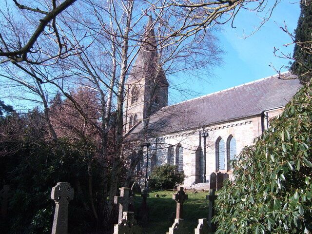 Nave, west tower and spire of St Augustine of Canterbury's parish church, Flimwell, East Sussex, England, seen from the southeast