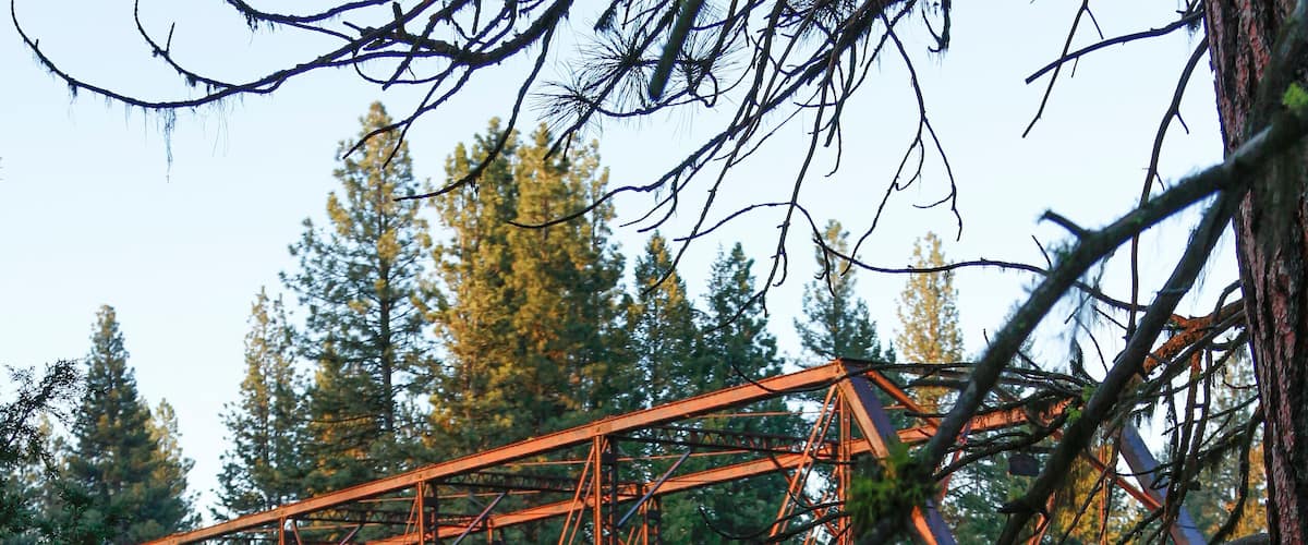 A metal bridge over a river surrounded by trees.