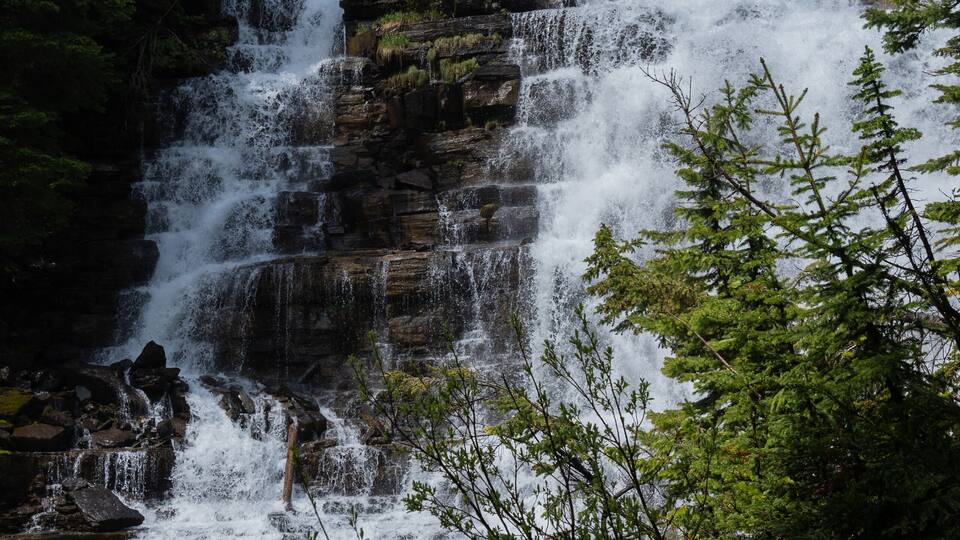 A multi-tiered waterfall surrounded by dense forest.