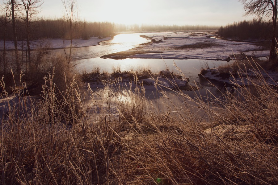 The sun rises above a bend in the Bitterroot River near Florence, MT.