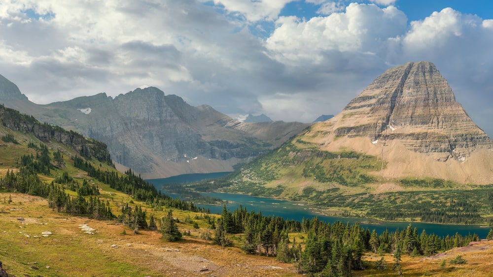 Glacier National Park panorama - Hidden Lake trail overlook viewing platform near Logan Pass on the Going to the Sun Road - view of Bearhat Mountain