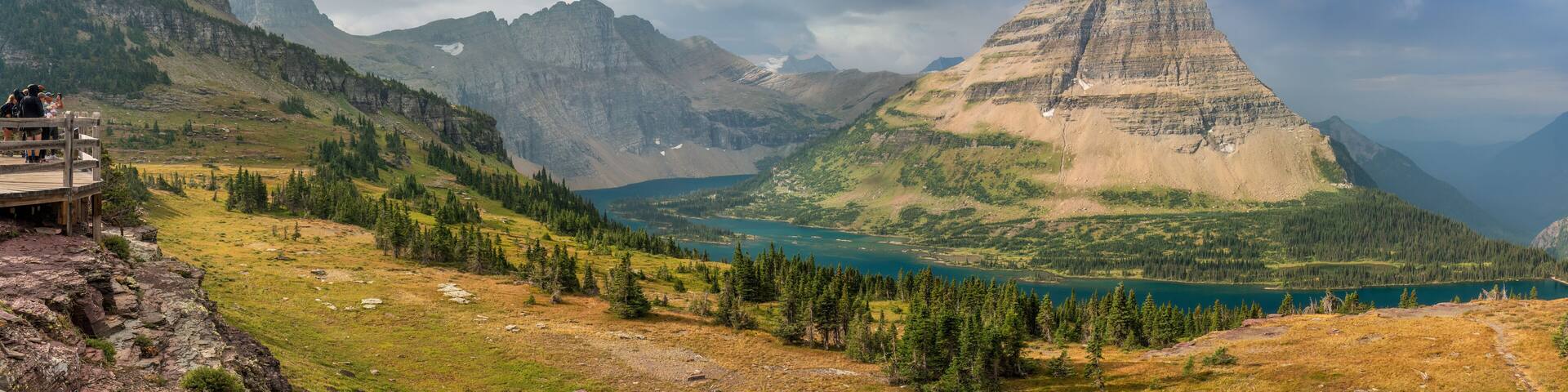Glacier National Park panorama - Hidden Lake trail overlook viewing platform near Logan Pass on the Going to the Sun Road - view of Bearhat Mountain