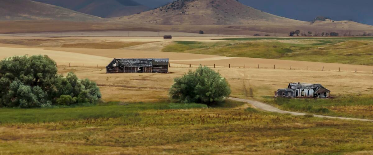 A rural landscape with rolling hills, a barn, and a dirt road.