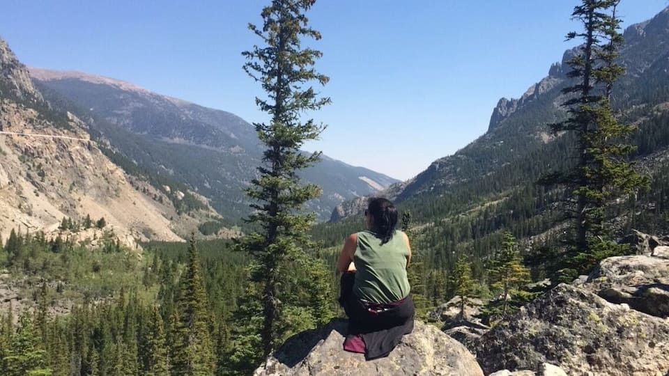 A person sitting on a rock overlooking a mountainous landscape with dense forests and rocky terrain.