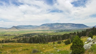 Eine gebirgige Landschaft mit sanften Hügeln, einem Tal und fernen Bergen unter einem teilweise bewölkten Himmel.
