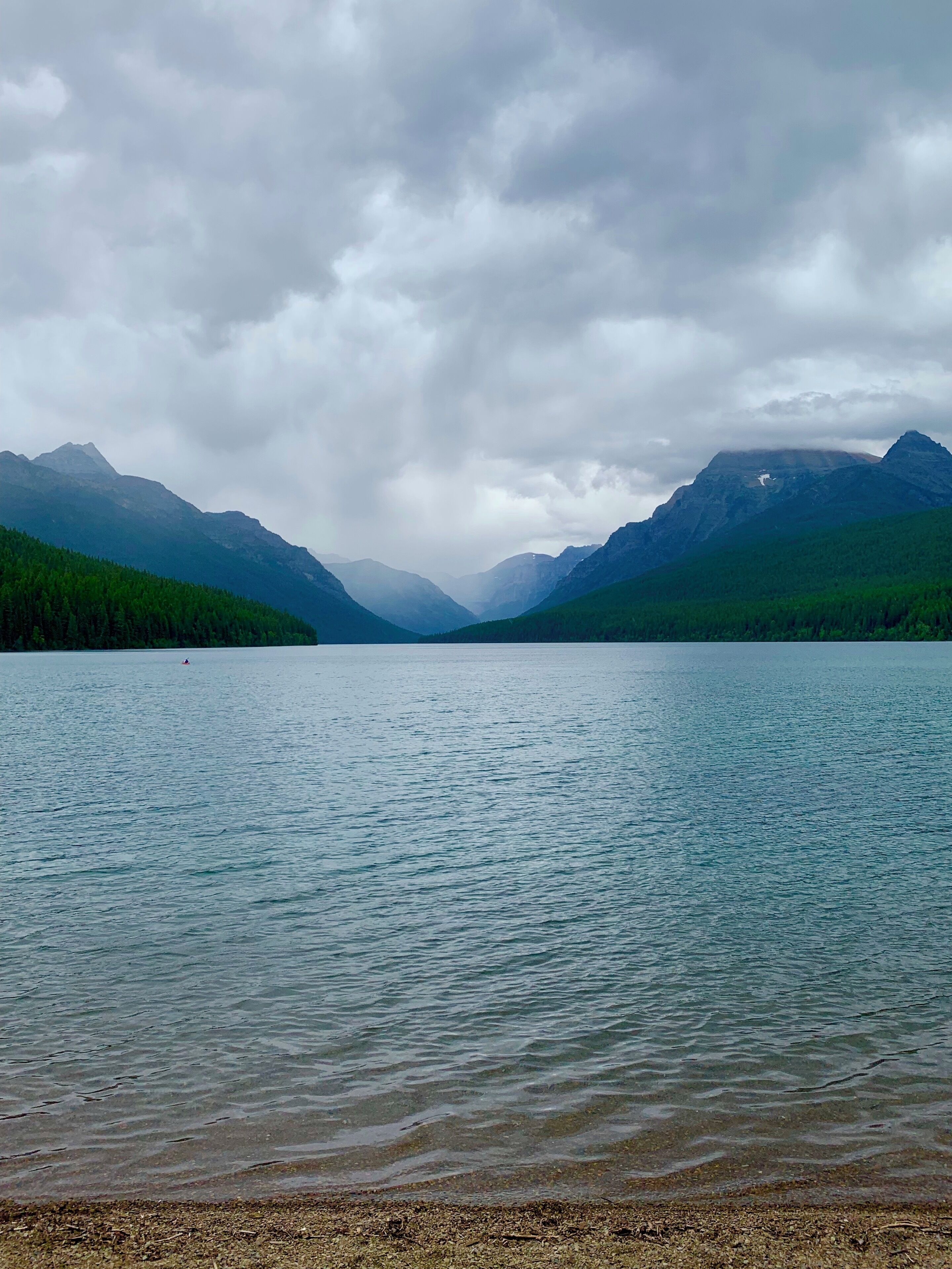 Rain coming in to Bowman Lake in Glacier National Park