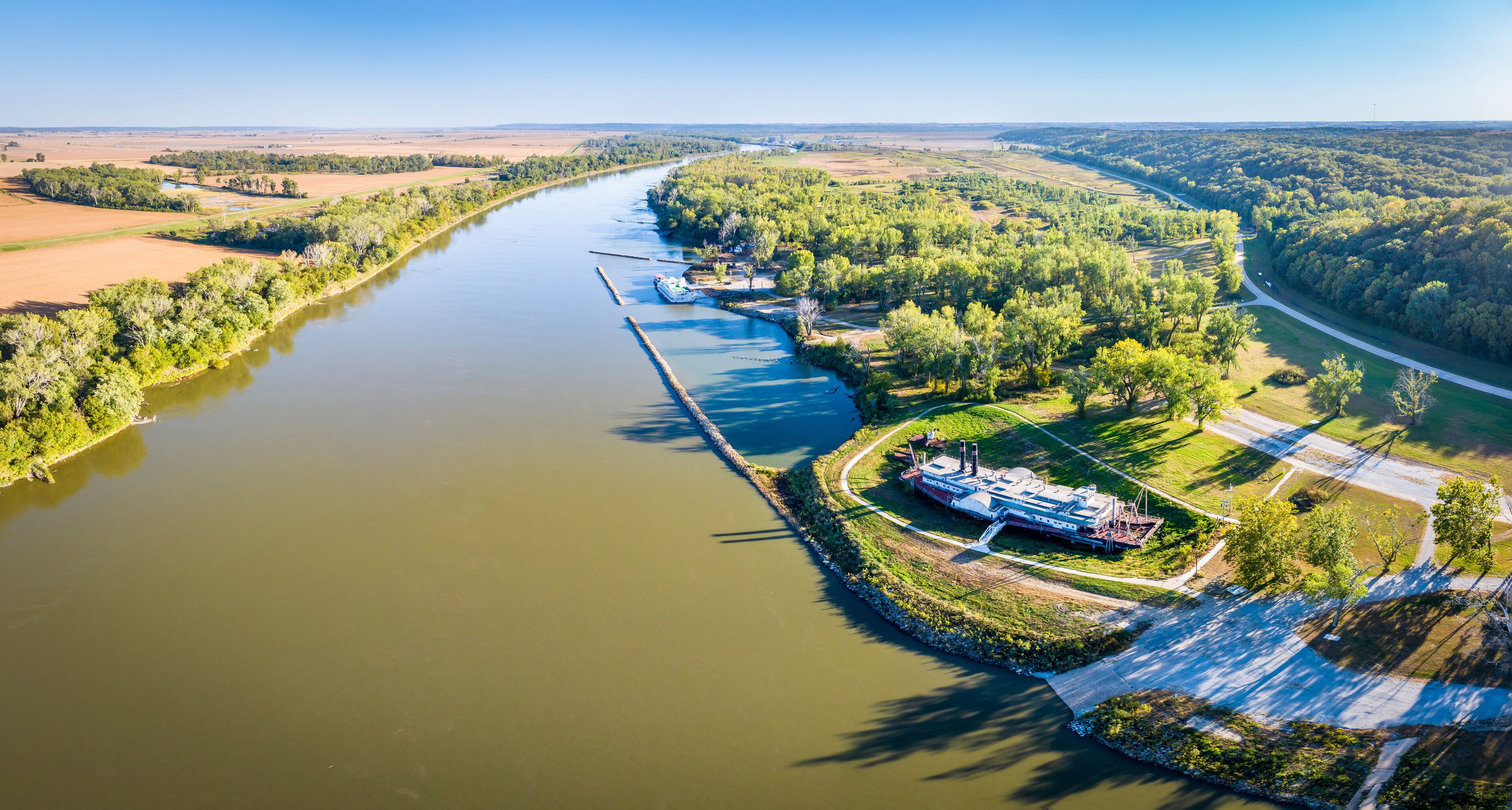 aerial view of the Missouri River downstream of Brownville, Nebraska
