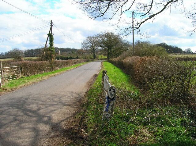 A narrow rural road flanked by hedgerows and a metal gate.