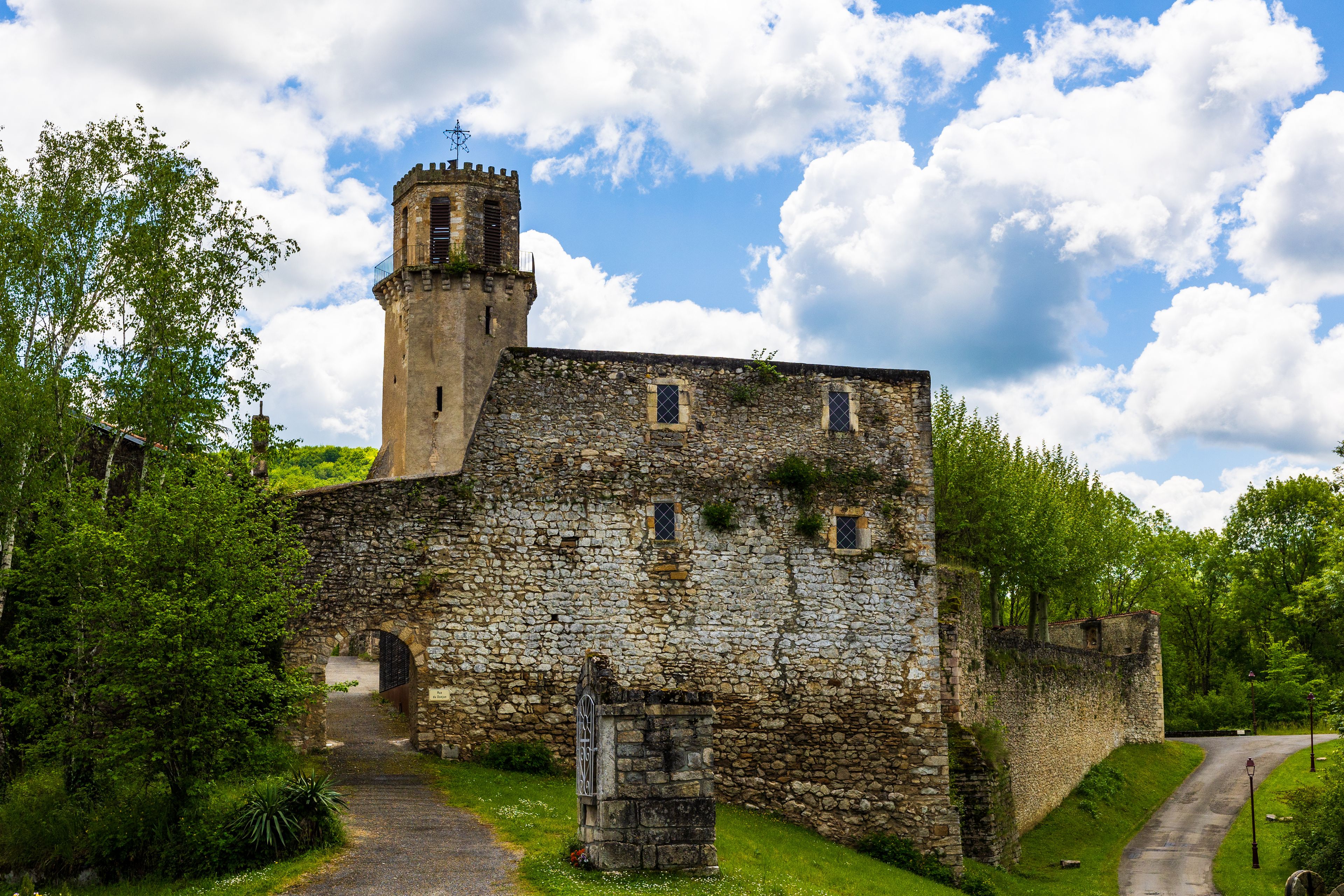 Castillo de piedra medieval con una torre, rodeado de exuberante vegetación y cielo despejado.