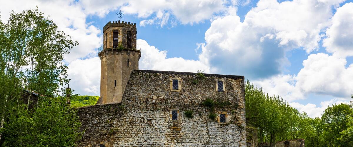 Castillo de piedra medieval con una torre, rodeado de exuberante vegetación y cielo despejado.
