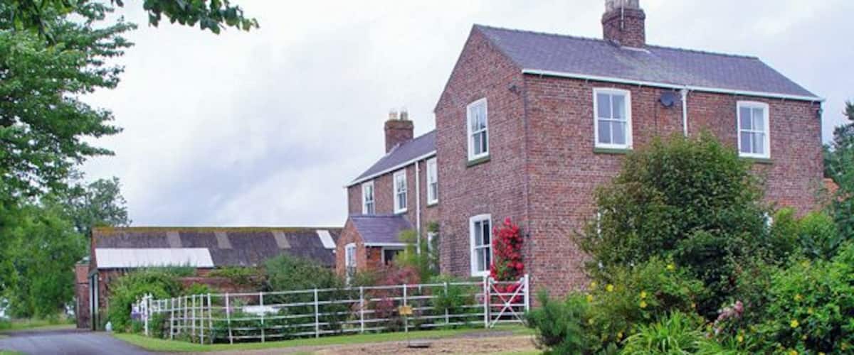 A rural road leading to a brick house with a red door, surrounded by lush greenery and a white fence.