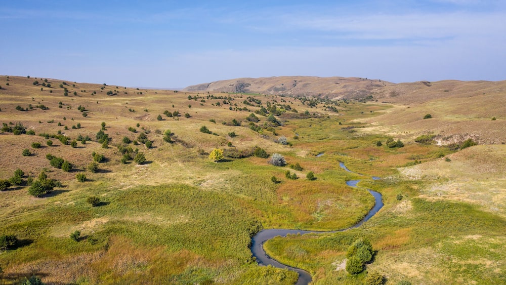 stream meandering in Nebraska Sandhills - North Fork of Dismal River, early fall aerial view