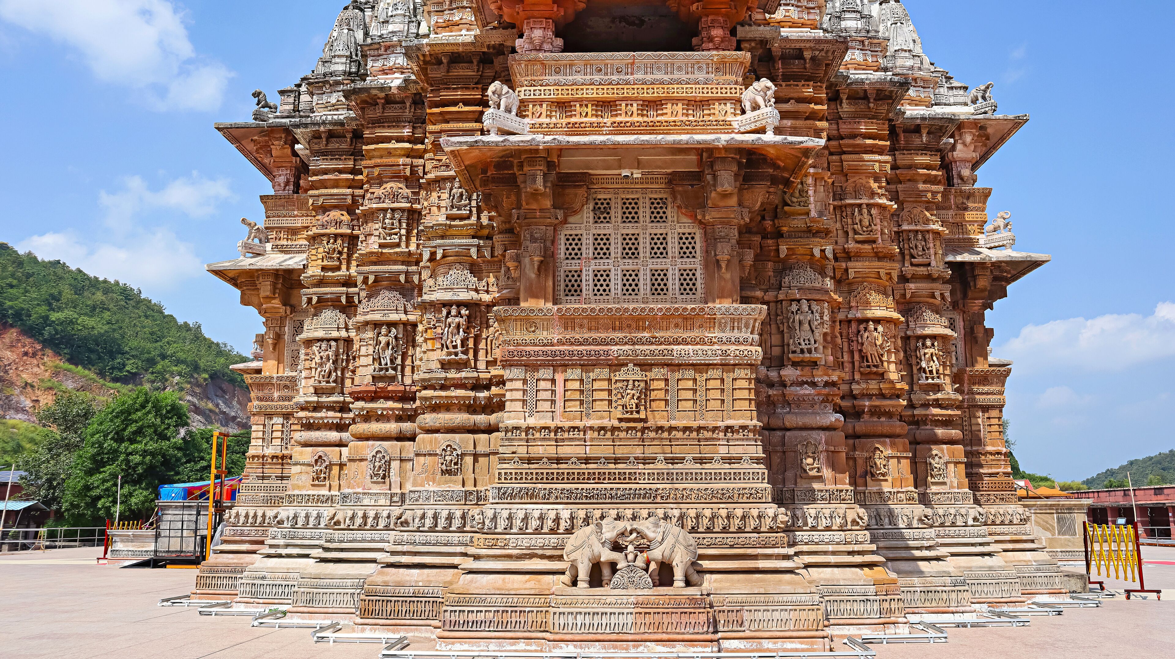 A detailed temple with intricate carvings and statues.