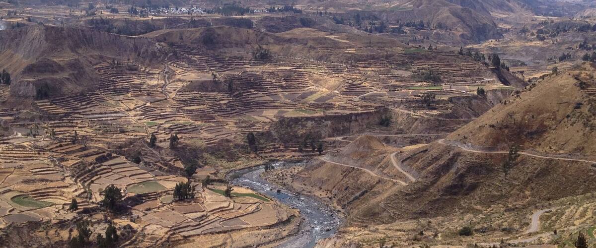 Terraced fields, a river, and mountains.