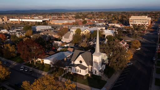 Sunset aerial view of the urban core of downtown Lincoln, California, USA.