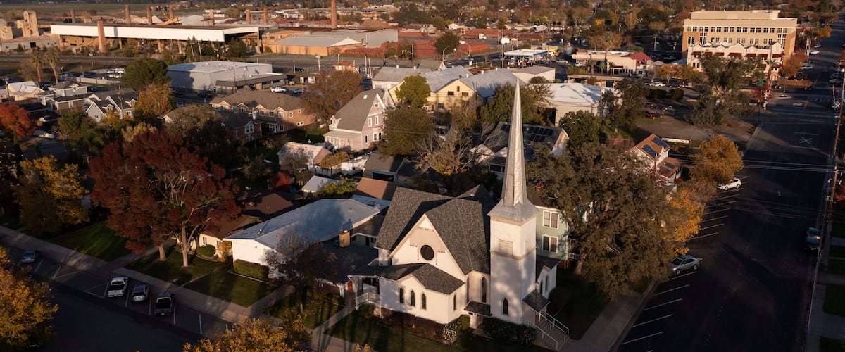 Sunset aerial view of the urban core of downtown Lincoln, California, USA.