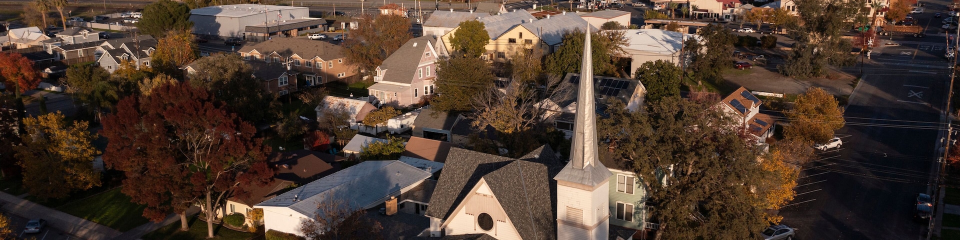 Sunset aerial view of the urban core of downtown Lincoln, California, USA.