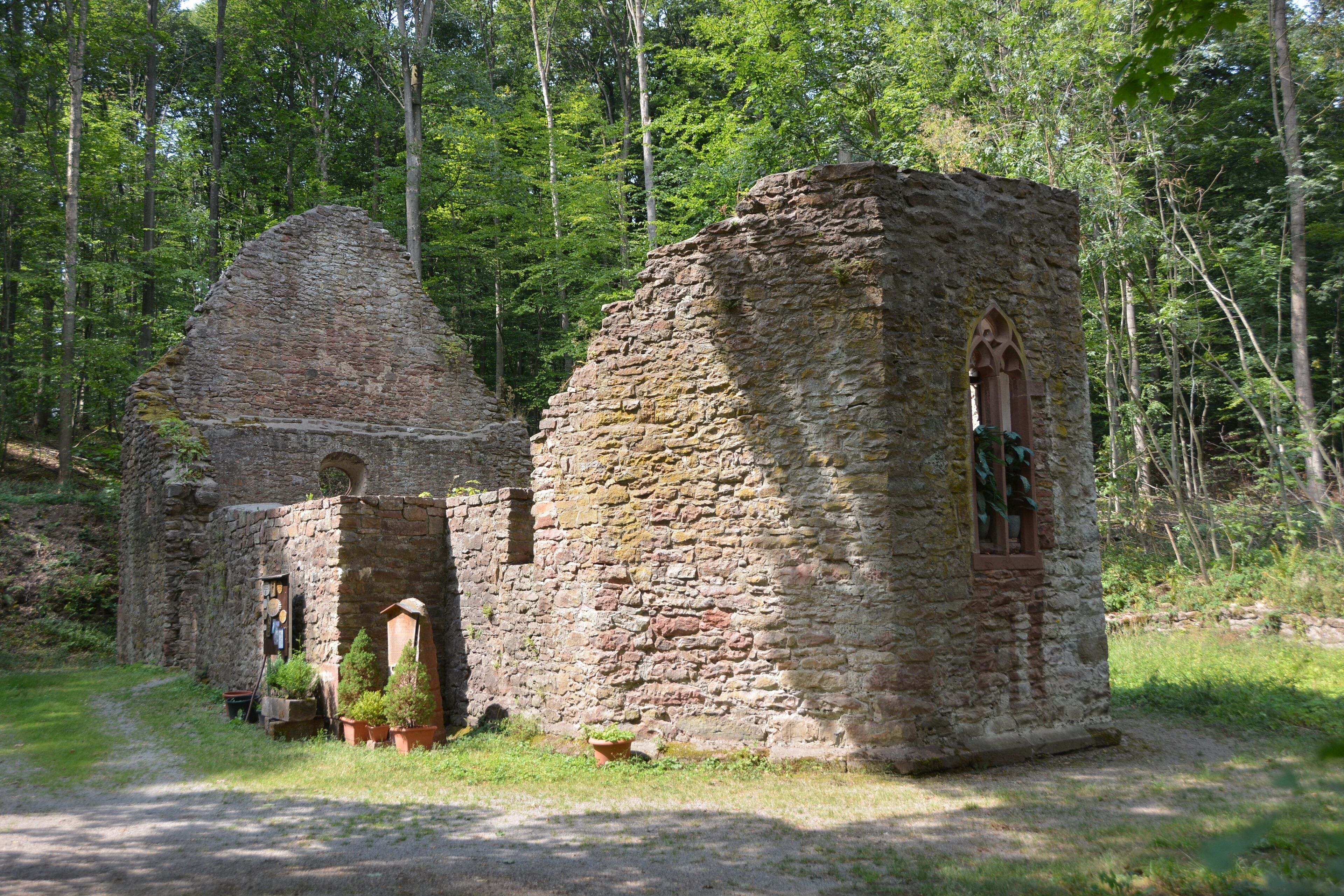 A stone ruin with a small tower and arched window surrounded by a forest.