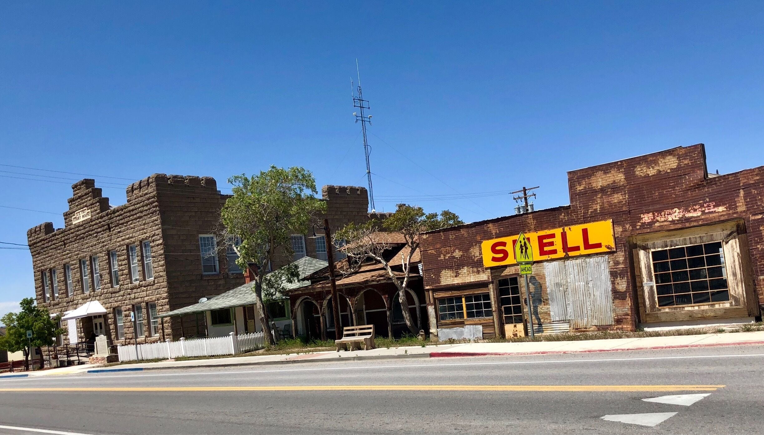 Highway 95 as it travels through town. It follows the original roadbed of the Las Vegas & Tonopah Railroad, one of 5 rail lines that came through town during its boom days. 