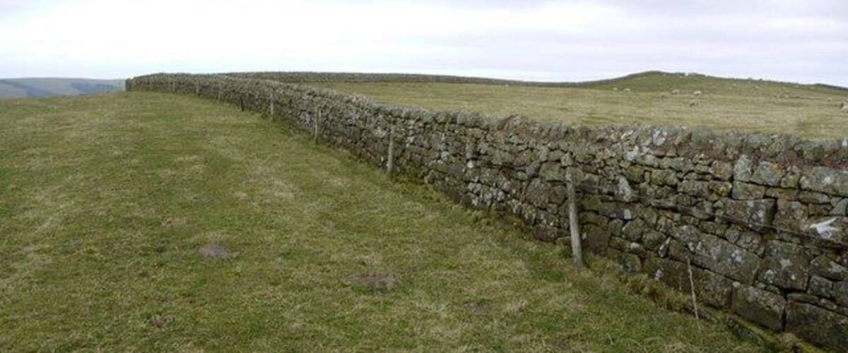A stone wall in a grassy field with a hilly landscape in the background.