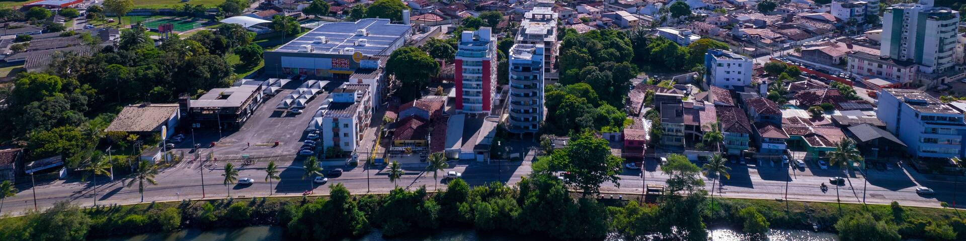 Aerial view of Ilheus, tourist town in Bahia. Historic city center with sea and river.