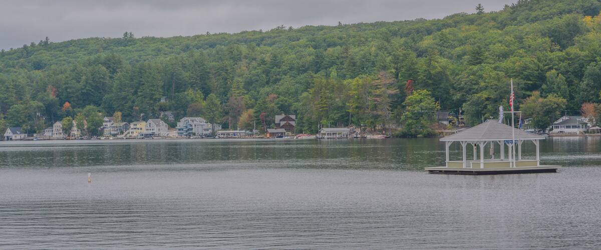 A lake with a gazebo on a dock, surrounded by houses and dense forest.