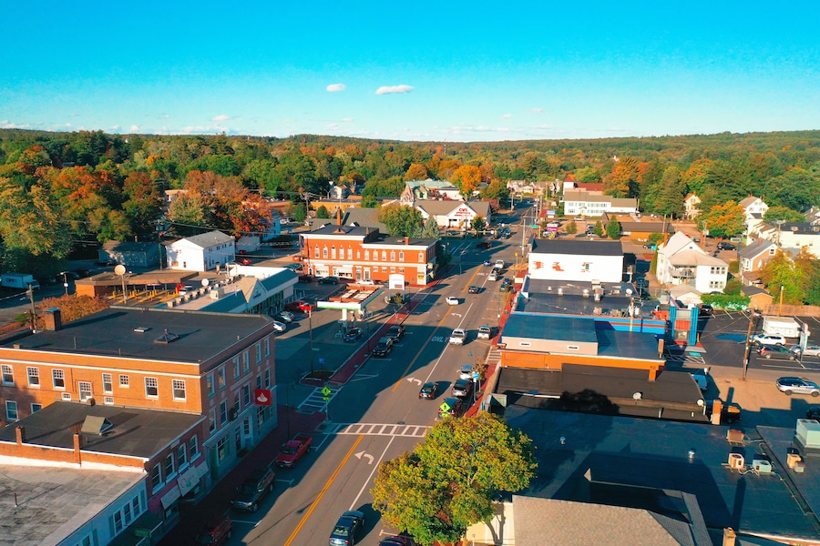 Autumn Aerial Drone Photography Of Downtown Derry, NH (New Hampshire) During The Fall Foliage Season