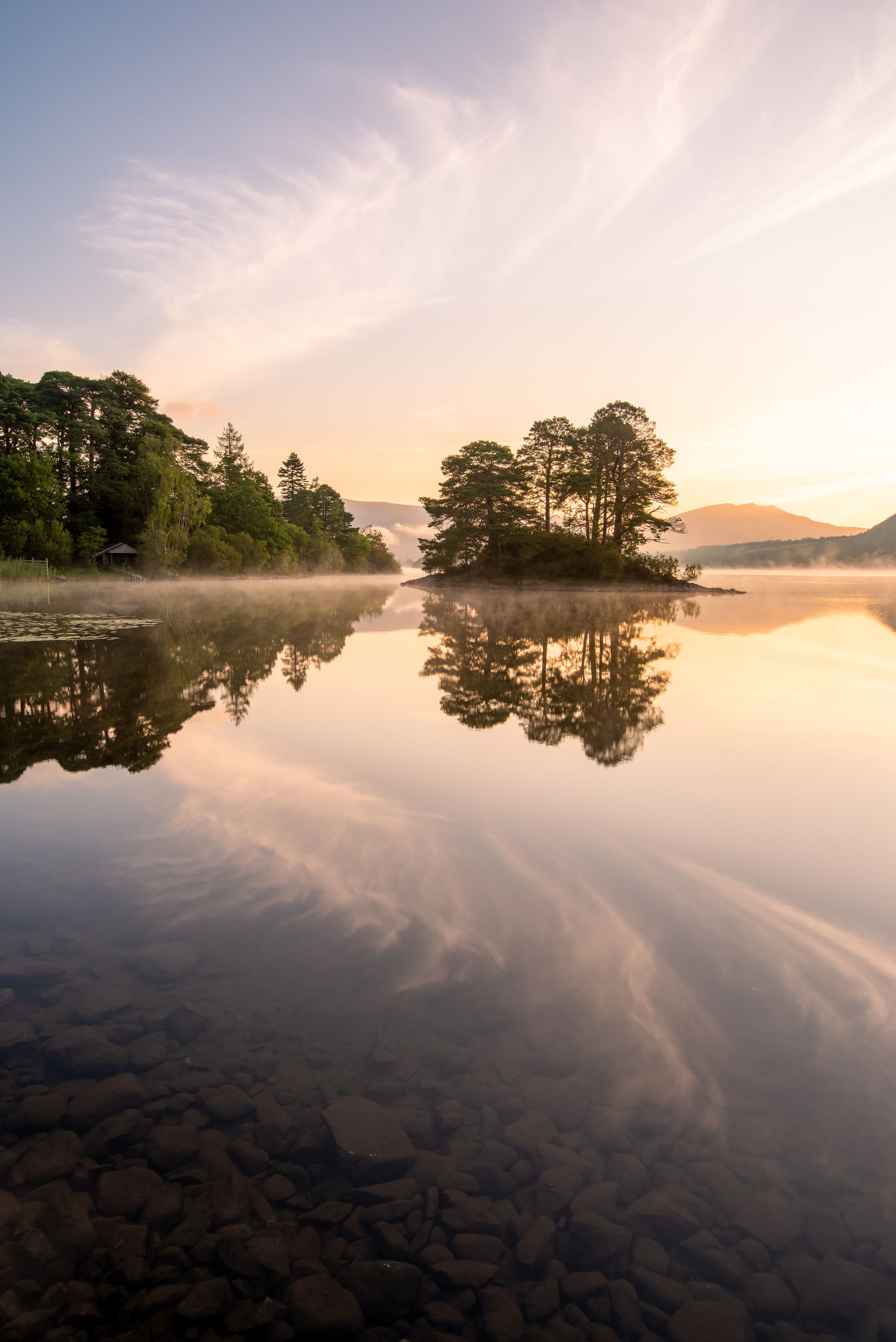Un lago tranquilo con reflejos de árboles y un ambiente brumoso.