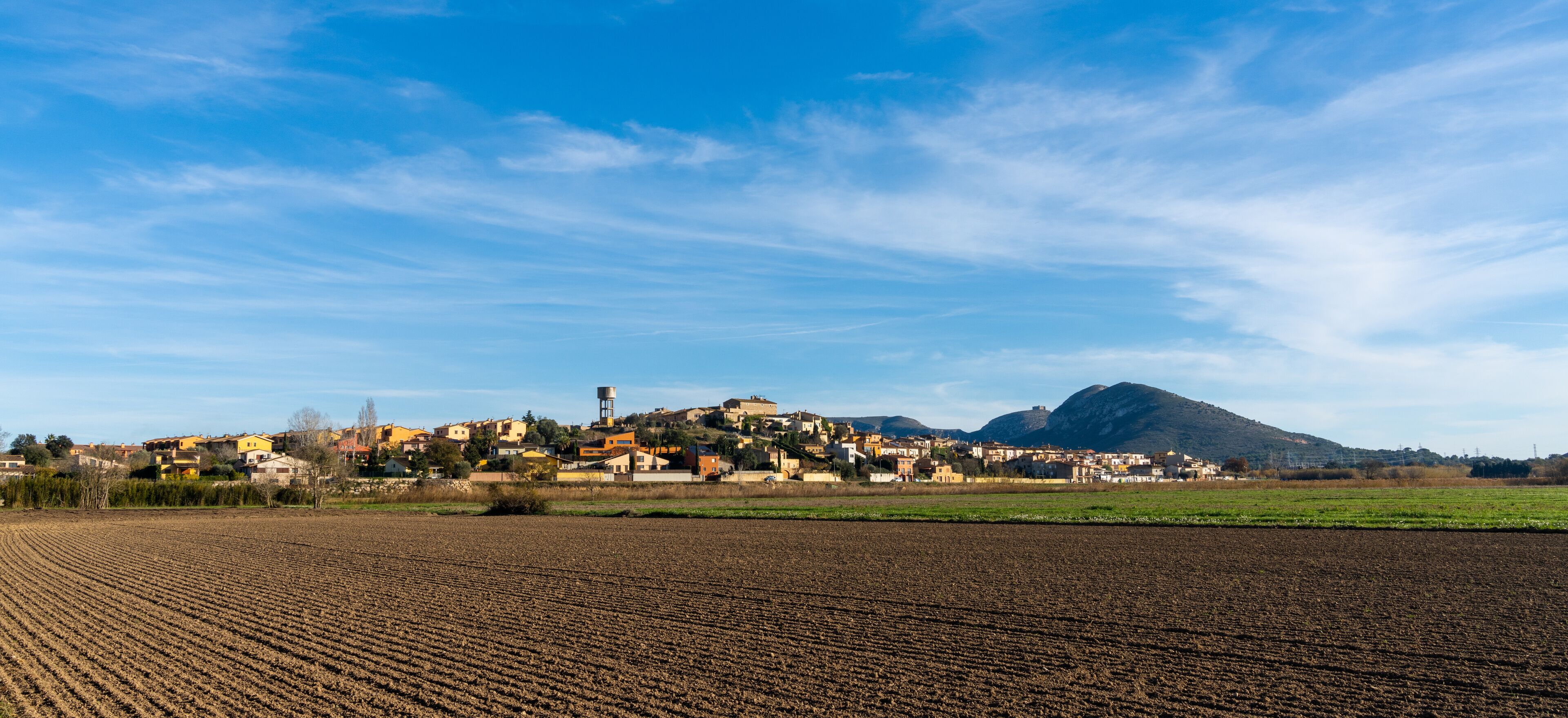 A rural landscape with a village, a mountain, and a plowed field.