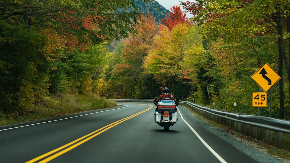 A motorcyclist on a two-lane road surrounded by autumn foliage.