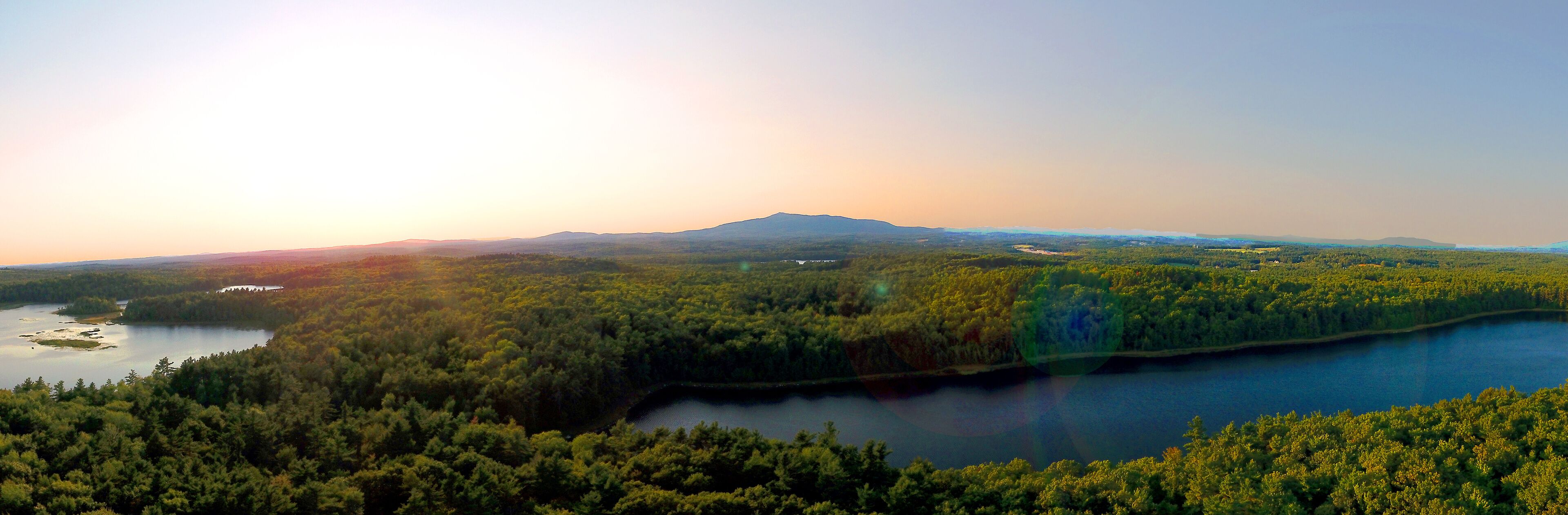 A forested landscape with a lake and a mountain in the distance.