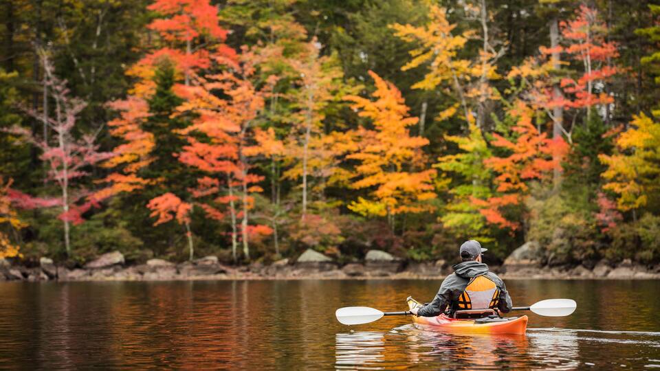 Kayaker on Island Pond Surrounded by Autumn Color