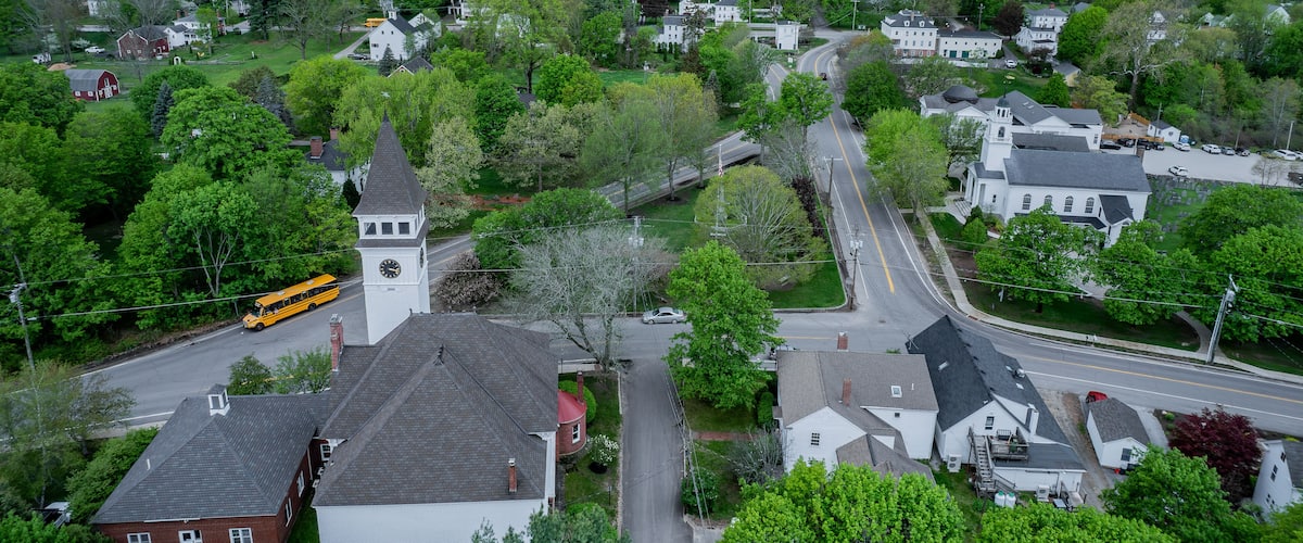 Aerial image of Hollis, New Hampshire in late spring