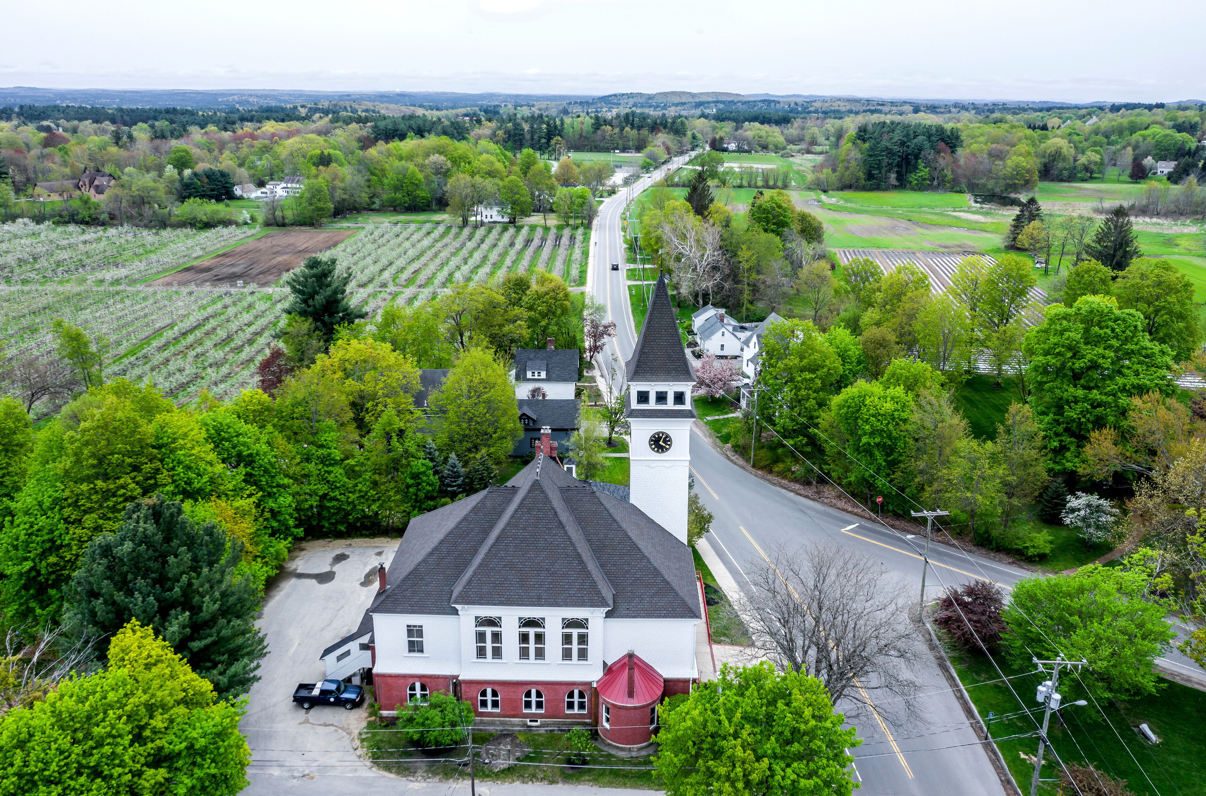 Aerial view of Hollis, New Hampshire in late spring 