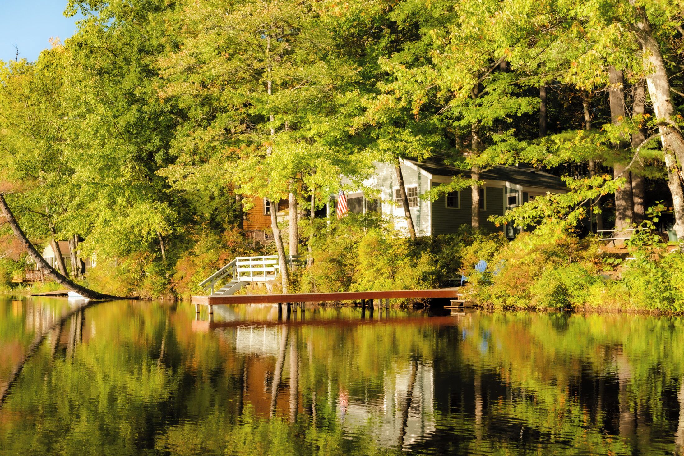 Picture taken from the small dock at the edge of the beach of a part of the shore line that runs all around the lake.