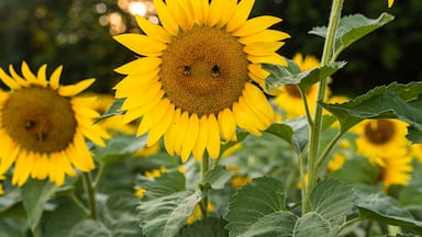 Bright sunflower in full bloom with bees on its center during summer.