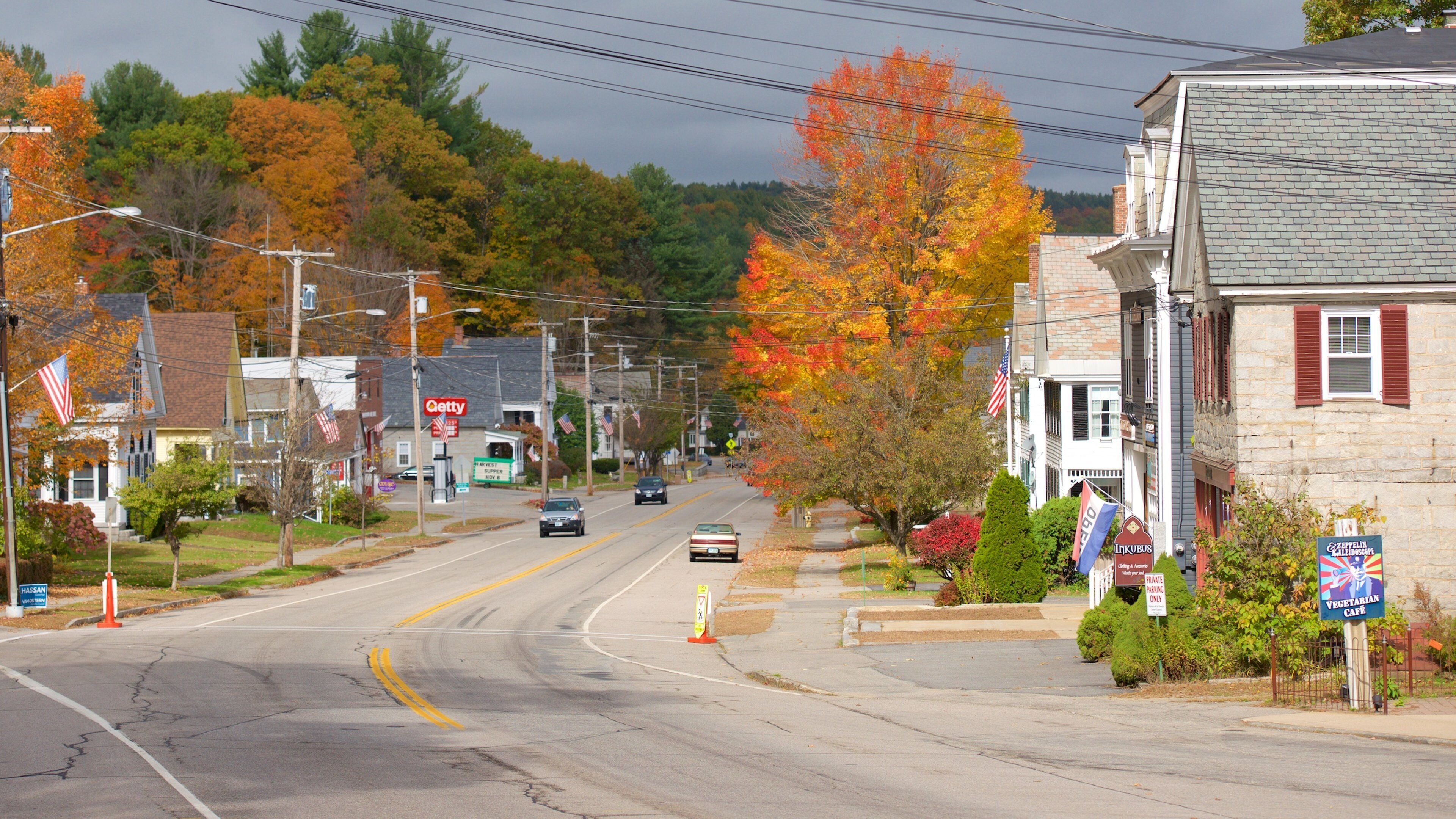 A street lined with autumn-colored trees, a 'Getty' store, and a 'Vegetarian Cafe'.